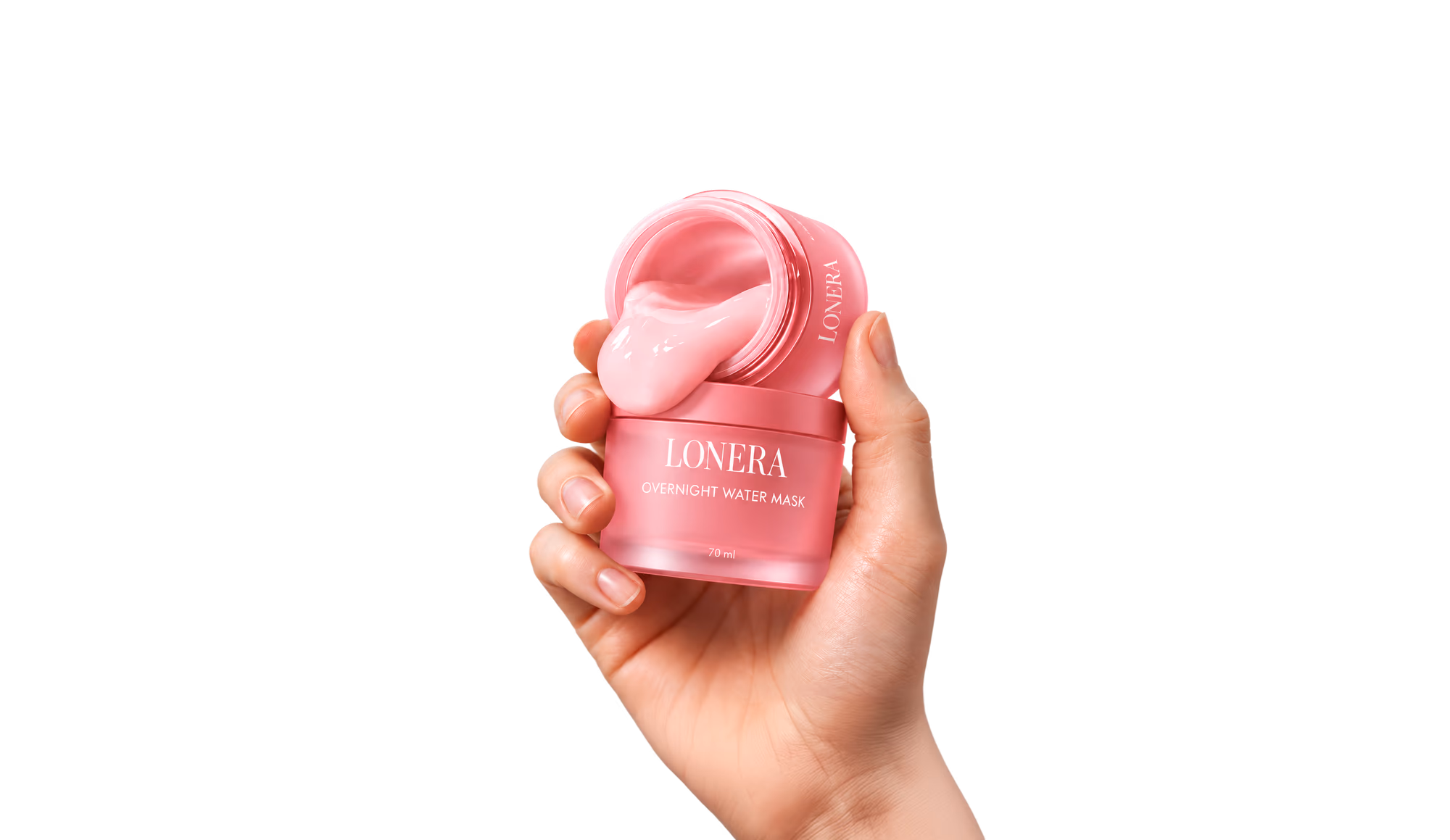 A hand holding an open jar of LONERA Overnight Water Mask