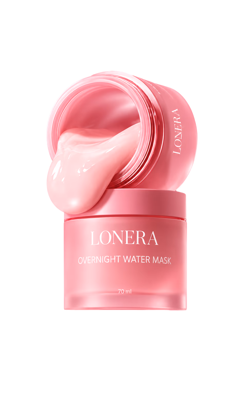 An open jar of LONERA Overnight Water Mask with the pink gel spilling over