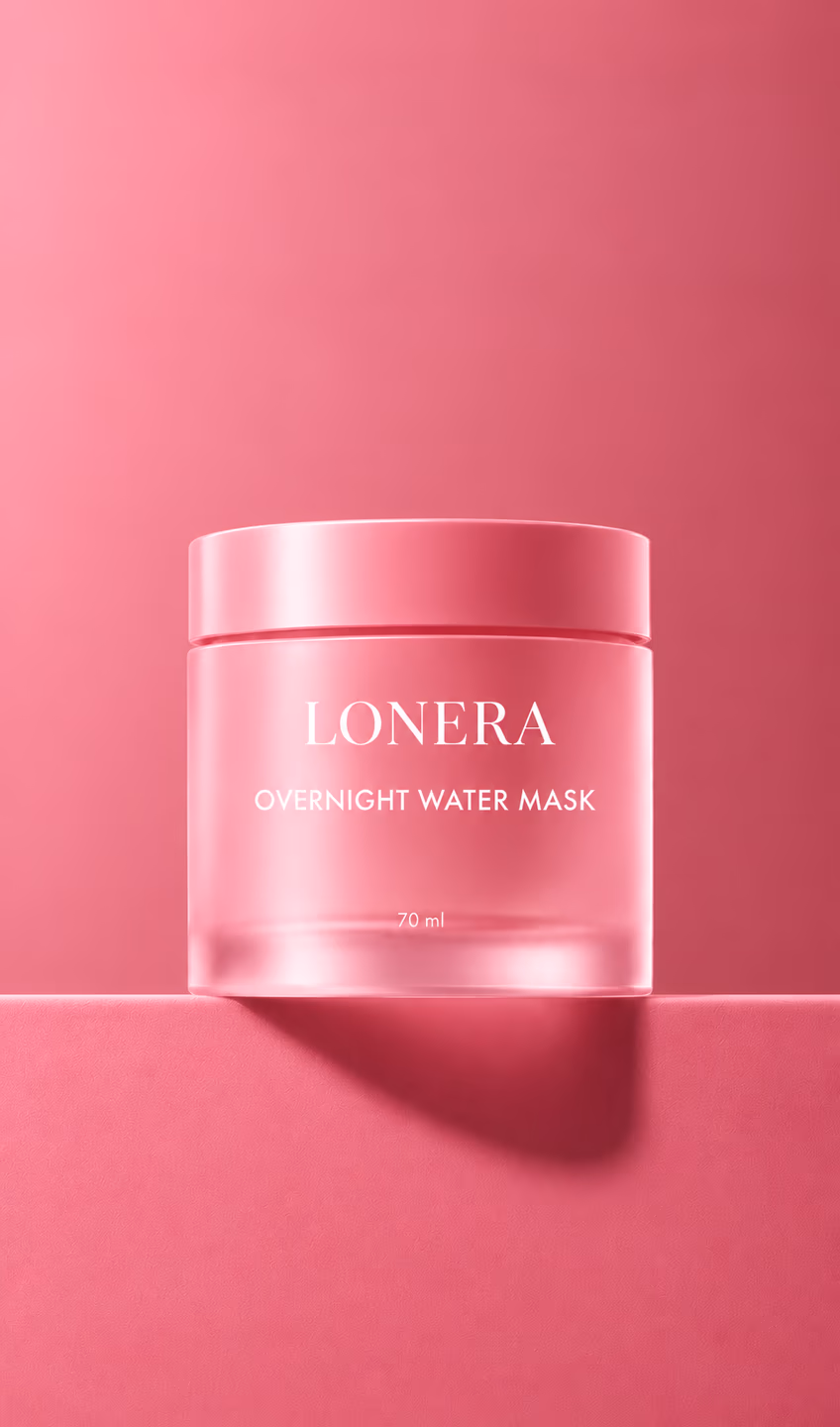 A closed jar of LONERA on a pink pedestal