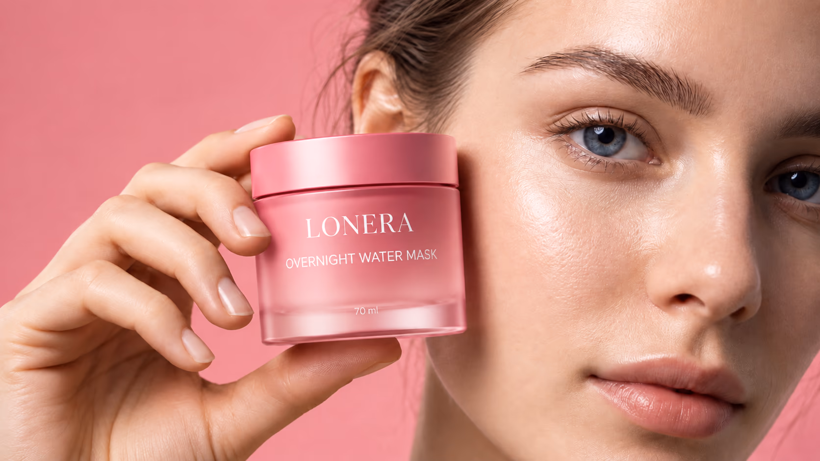 A woman holding a jar of LONERA to her cheek